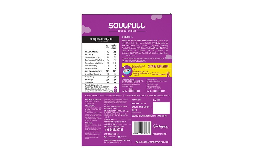 Soulfull Fruit & Nut Millet Muesli Fruits And Almonds   Box  1.2 kilogram